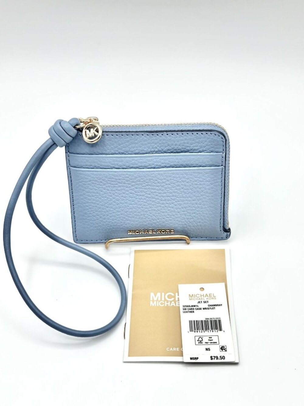 Michael Kors Jet Set Small Pebbled Leather Card Case Wristlet Chambray Blue NWT